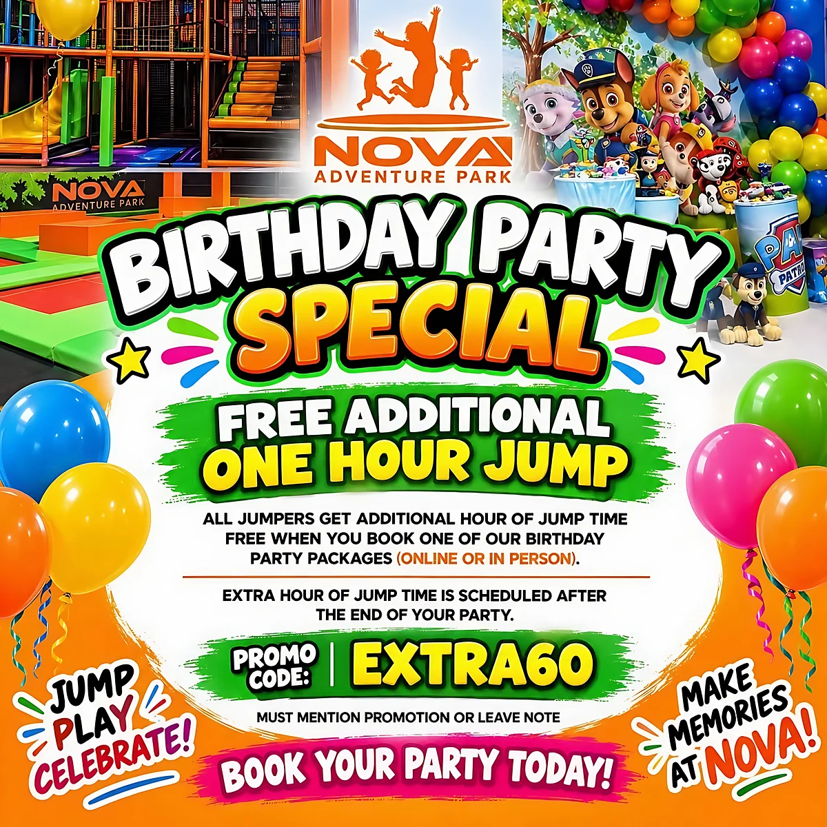 Birthday Party Special: free additional one hour jump for all jumpers when you book one of our birthday party packages (online or in person). Extra hour of jump time is scheduled after the end of your party. Promo code EXTRA60 — must mention promotion or leave note.