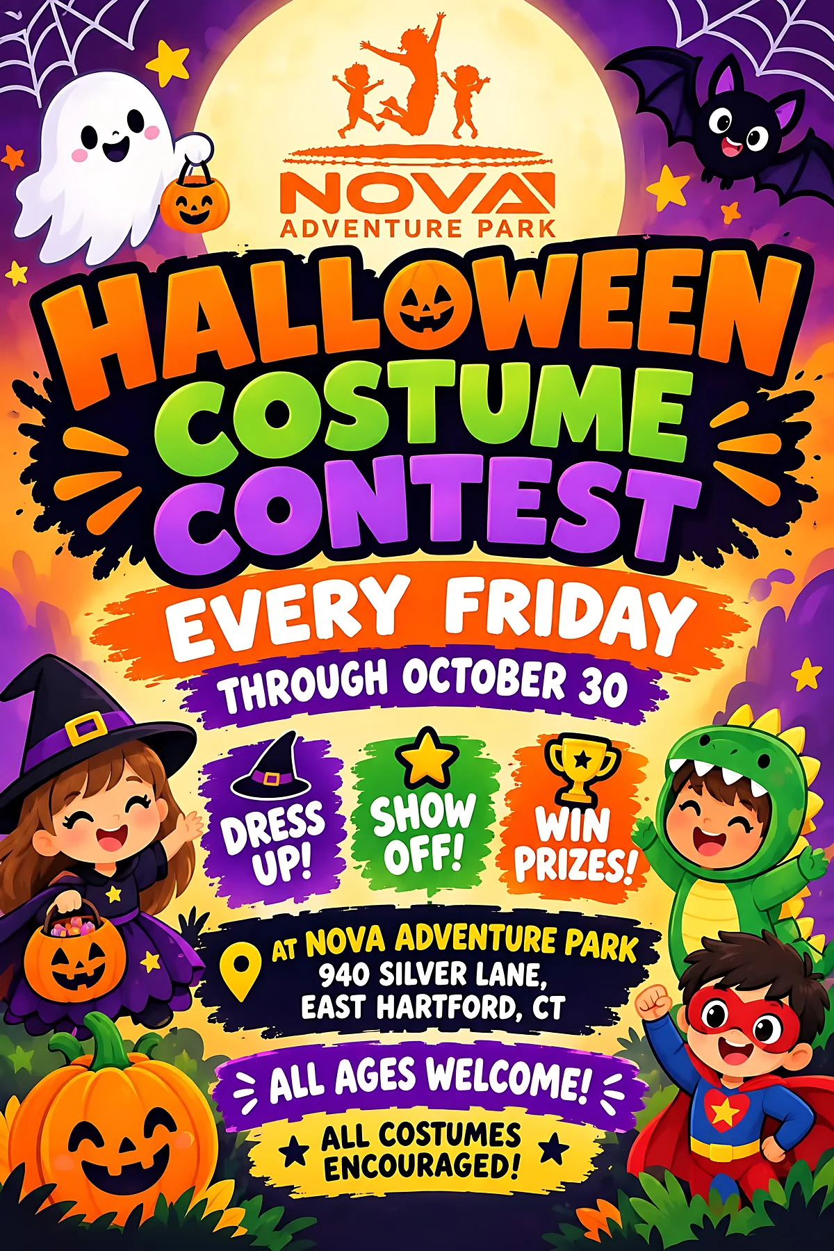 Halloween Costume Contest at Nova Adventure Park East Hartford — every Friday through October 30. Dress up, show off, win prizes. All ages welcome, all costumes encouraged. 940 Silver Lane, East Hartford, CT.